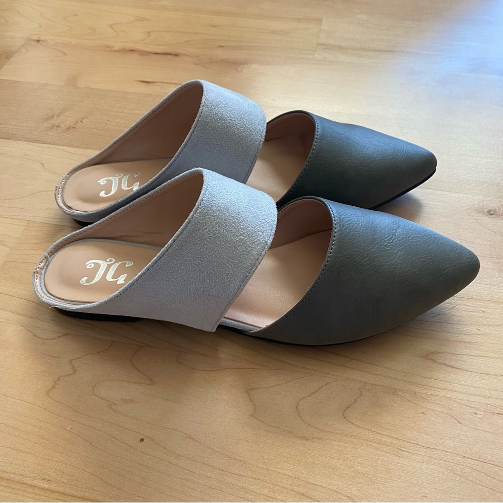 Gray leather slides